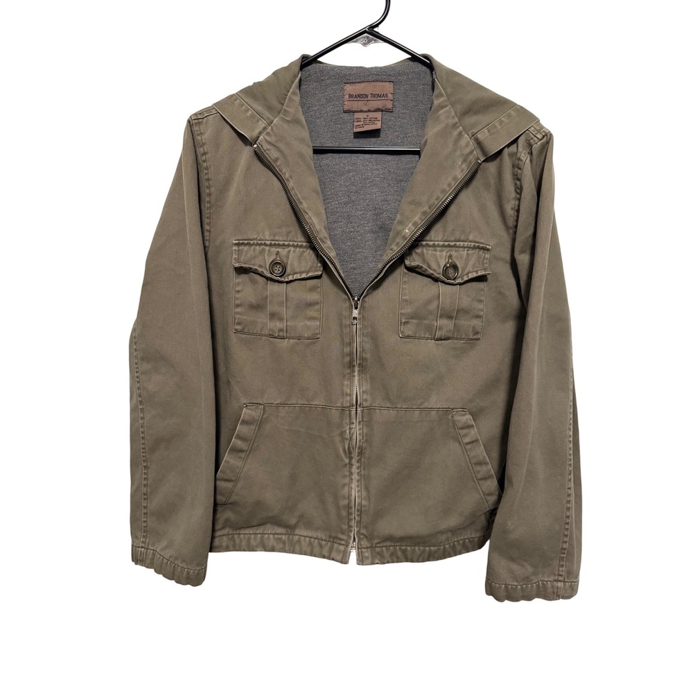 Brandon Thomas Olive Green Cotton Hooded Utility Jacket Mens Small Zipper